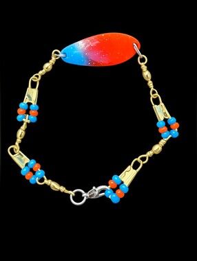 NEW Handmade Fishing Lure Swivel Bracelet 7" - Orange/Blue/Gold